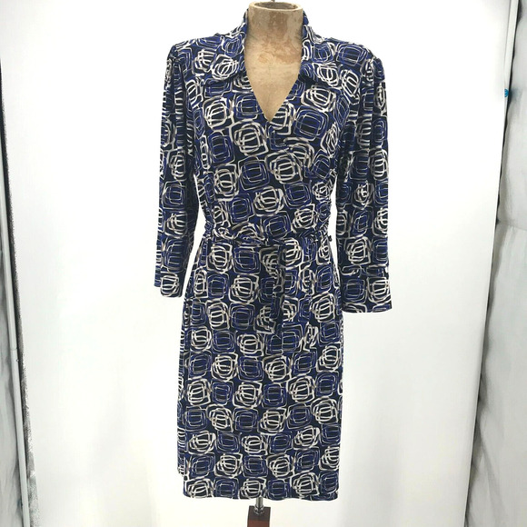 Laundry by Design Shelli Segal Dress Medium Blue Black White True Wrap Knit - Picture 1 of 8